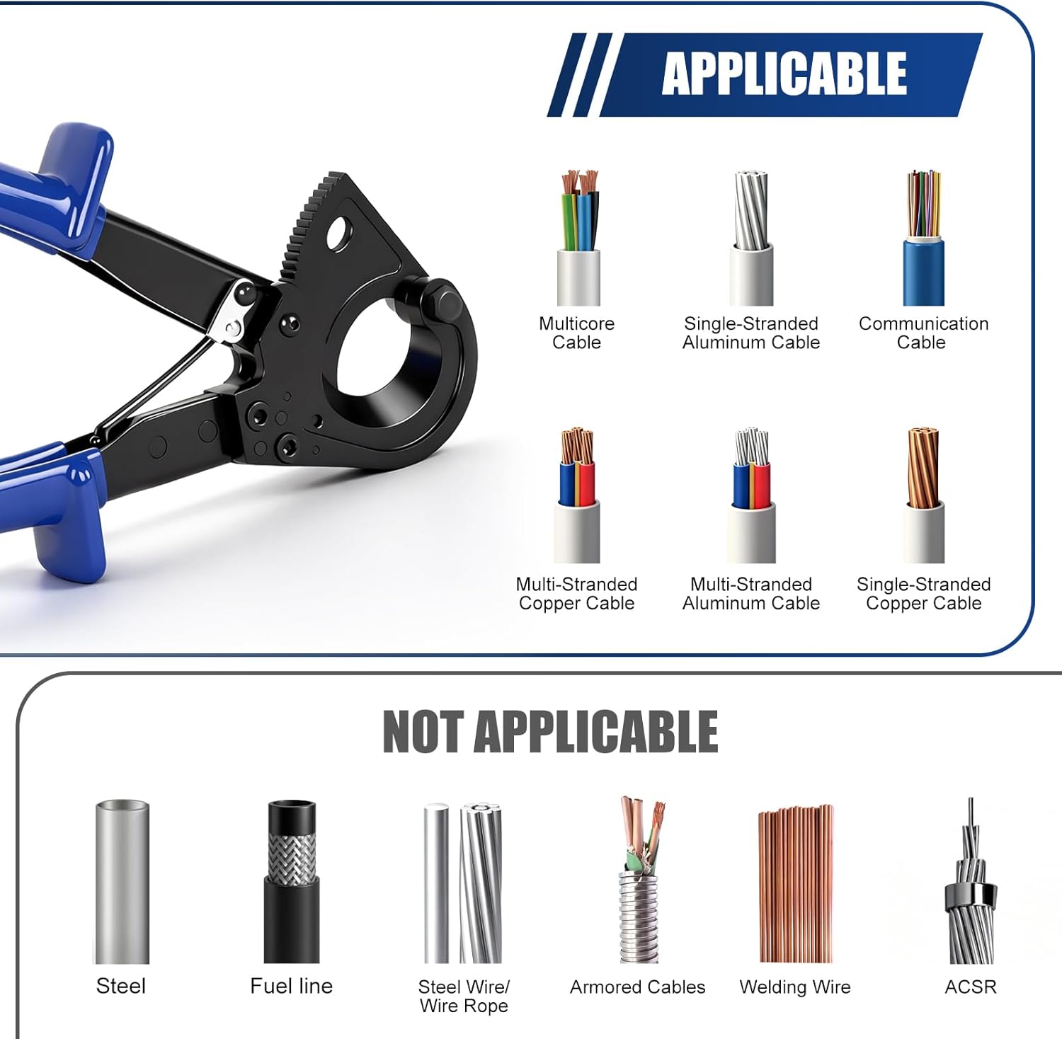 Ratchet Cutter, HS325A Heavy Duty Ratchet Cable Cutters, Aluminum Copper Cable Cutter Cut up to 240mm²,Ratcheting Wire Cutter with Ergonomic Finger Handle and Safety Lock - Image 7