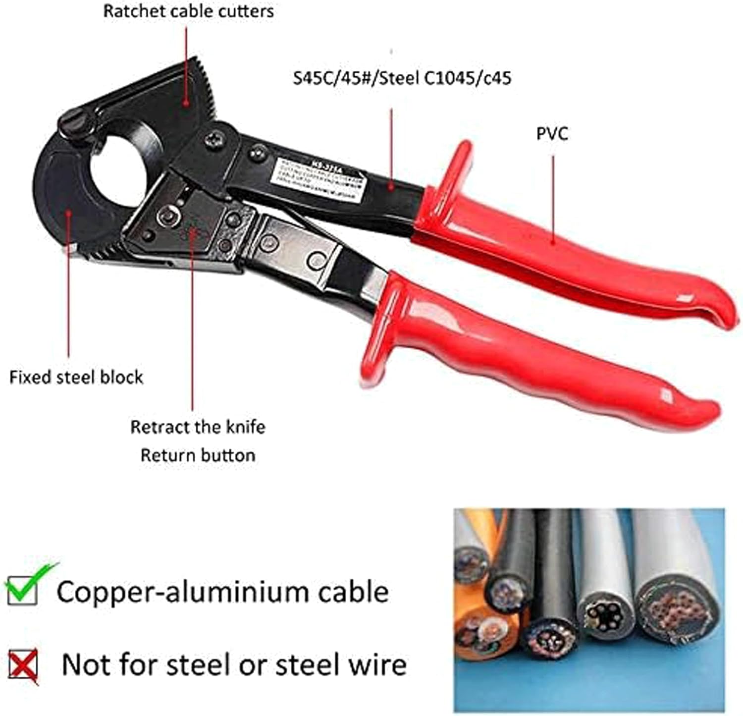 Heavy Duty Ratchet Cable Cutter – Cuts Up to 240mm² Aluminium & Copper Cables – Ergonomic Finger Handle with Safety Lock & Plastic Cover - Image 6