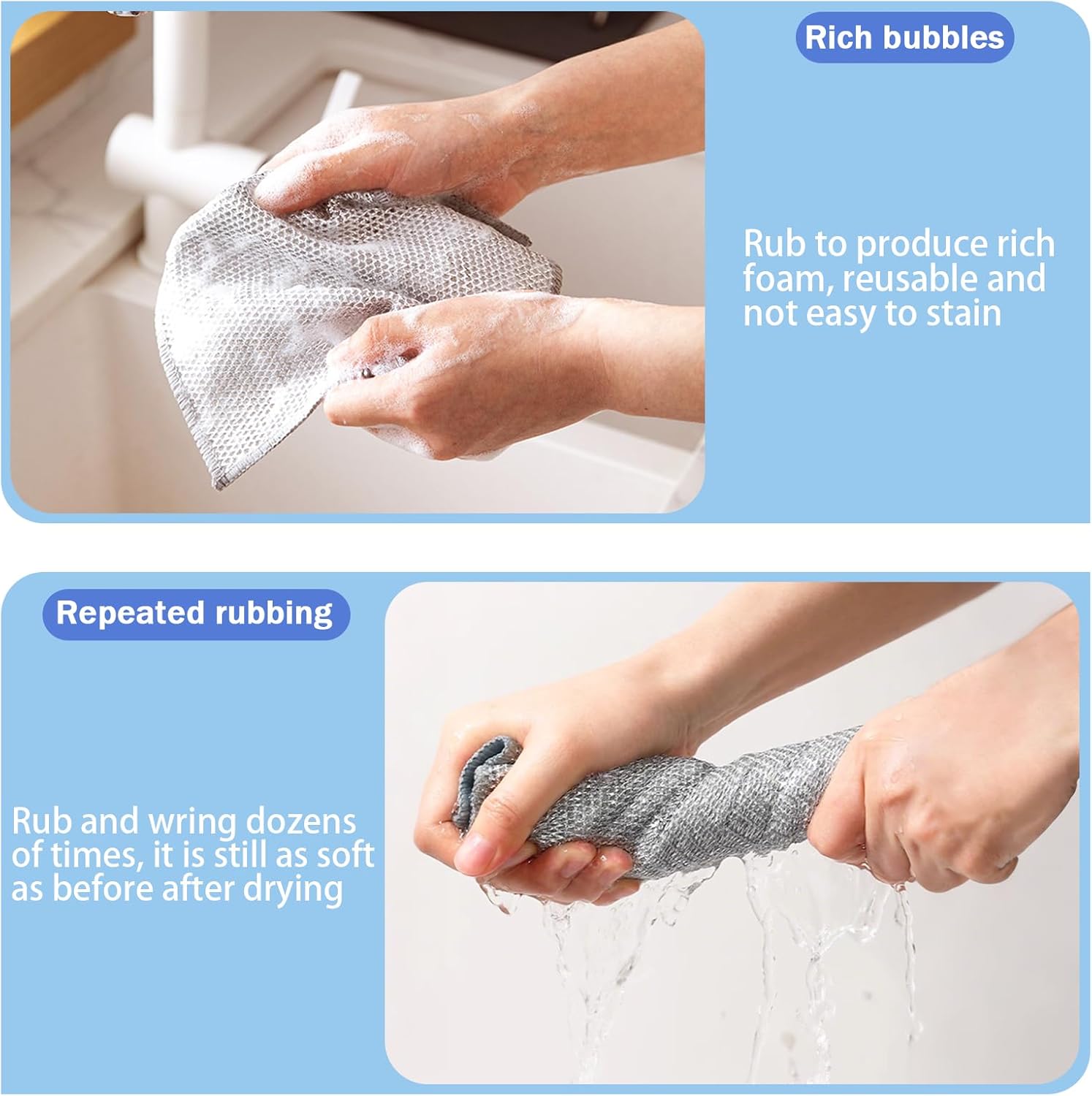 10 Pack 20x20cm Double-Layer Silver Mesh Dishcloths, Non-Scratch Wire Cleaning Cloth, Reusable Stainless Steel Cloth for Wet & Dry Kitchen Use (Dishes/Pots/Sinks) - Image 3