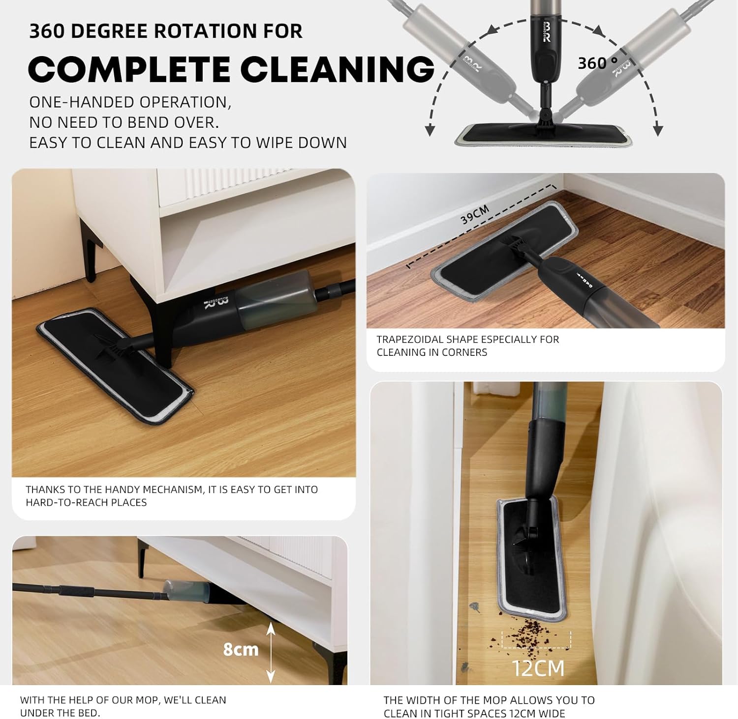 360° 3-in-1 Microfiber Spray Mop for Floor Cleaning Dry Wet Dust Mop for Hardwood, Laminate, Tile & Wood Floors Large Capacity Bottle 3 Reusable Pads Scraper Holder Kitchen Multi-Surface - Image 4