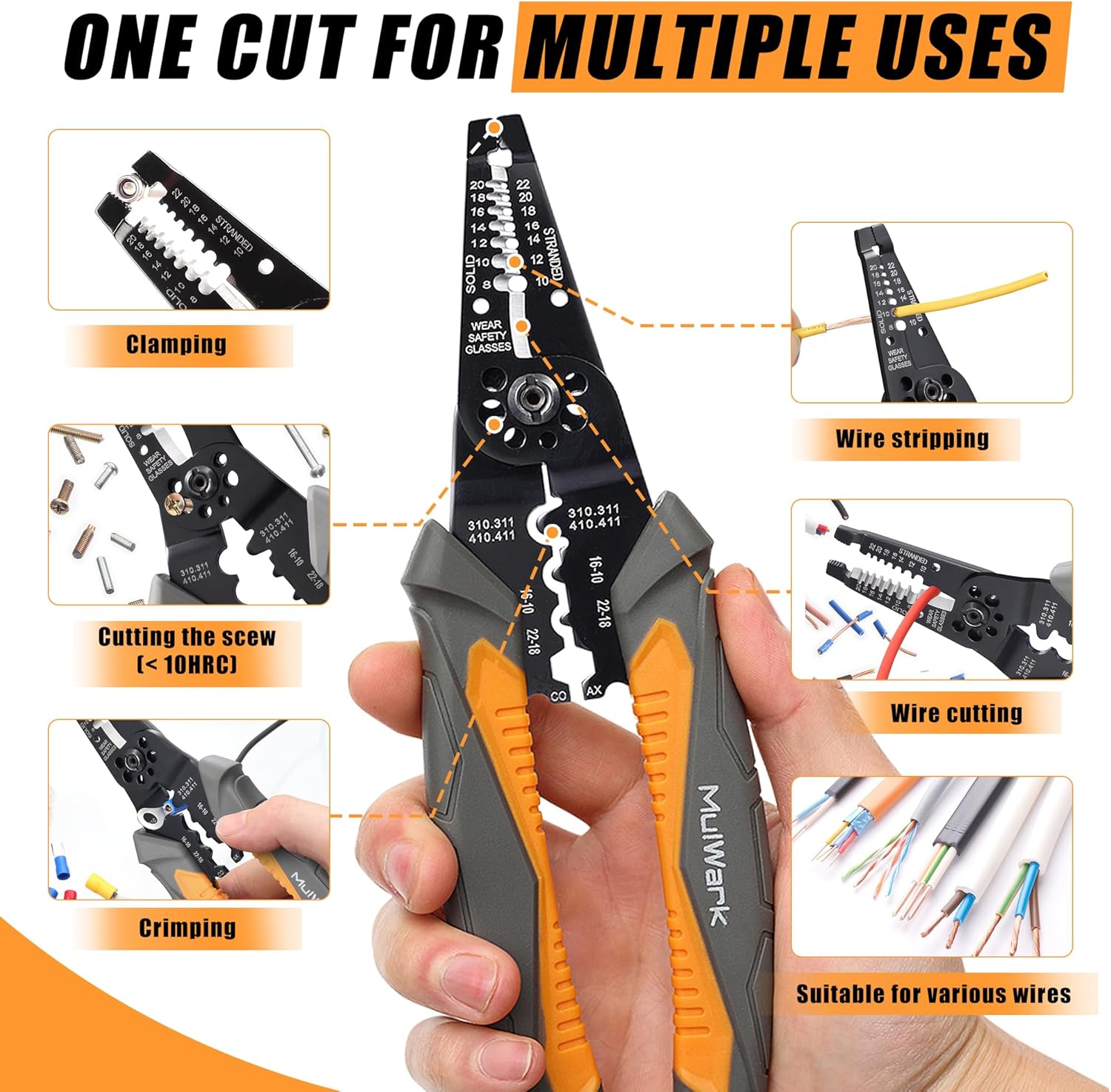 MulWark 8" Multi-Purpose Wire Strippers Electrical Tools (22 AWG - 8 AWG) Wire Cutter Heavy Duty, Cable Stripper, Wire Crimps & Pliers Insulated with Cable Cutters, Best Electricians Tools - Upgraded - Image 2