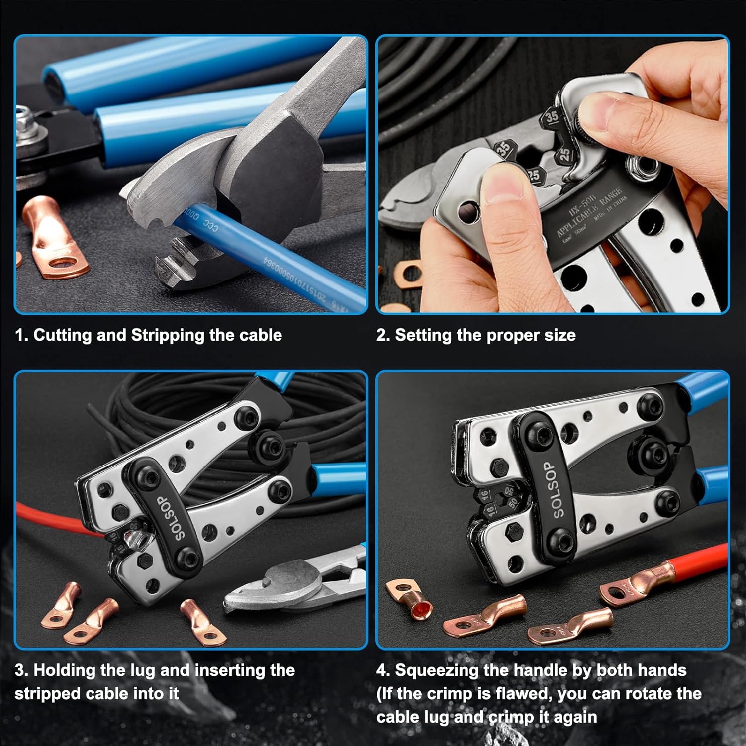 Solsop Battery Terminal Crimping Tool - Heavy Duty Crimper for 10, 8, 6, 4, 2, 1/0 AWG Ring Lugs, Battery Cable Crimping Tool with Wire Cable Cutter - Image 6