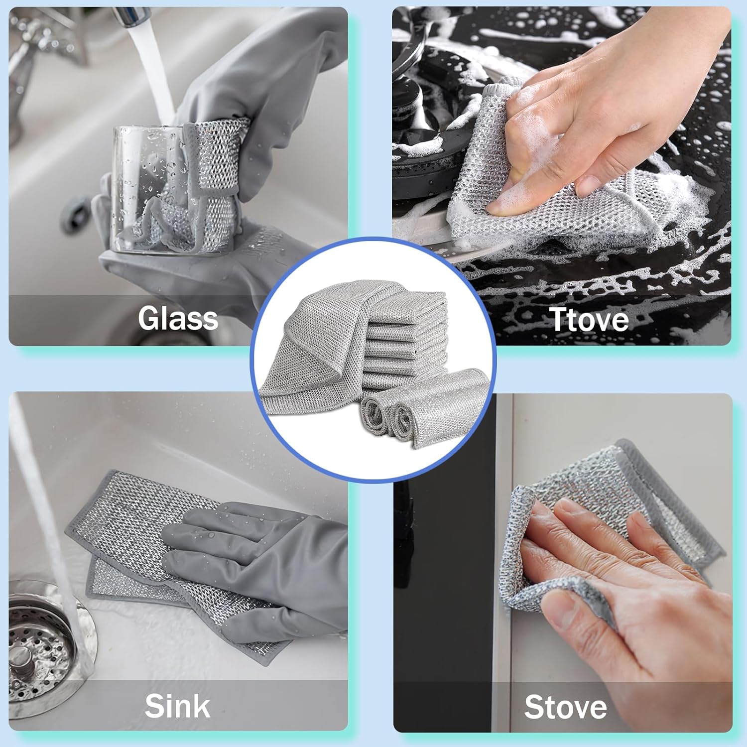 10 Pack 20x20cm Double-Layer Silver Mesh Dishcloths, Non-Scratch Wire Cleaning Cloth, Reusable Stainless Steel Cloth for Wet & Dry Kitchen Use (Dishes/Pots/Sinks) - Image 5
