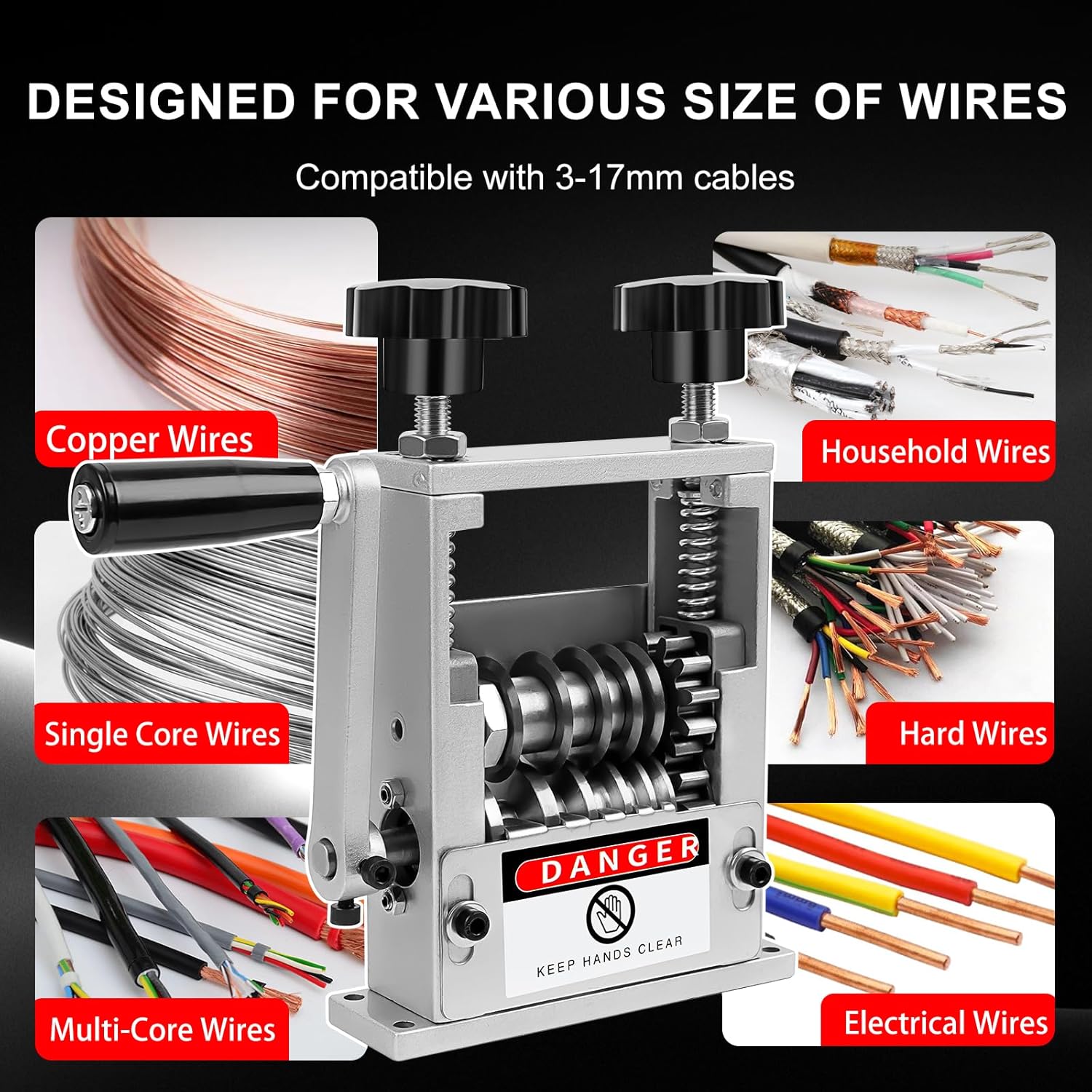 Wire Stripper Machine, Orifesio Manual Cable Stripper Machine with 6 Channel & 5 Blades, Copper Cable Stripping Tool for 3-17mm Cable, Electric Wire Stripper Tool Scrap Copper Cables Recycling - Image 9