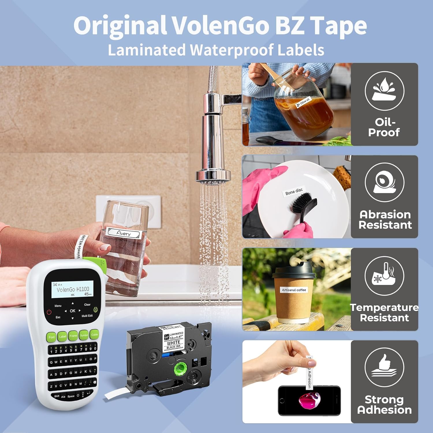 H1100 Label Maker Machine, Handheld Waterproof Label Printer, with Laminated White Tape(12 mm), QWERTY Keyboard & Backlit LCD, Replacement for Brother/Dymo, for Home & Office Organisation - Image 3