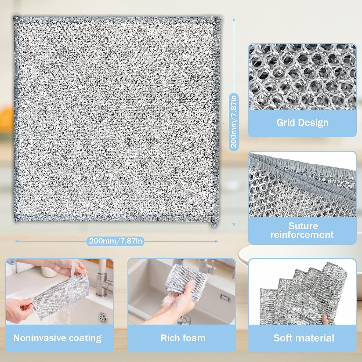 10 Pack 20x20cm Double-Layer Silver Mesh Dishcloths, Non-Scratch Wire Cleaning Cloth, Reusable Stainless Steel Cloth for Wet & Dry Kitchen Use (Dishes/Pots/Sinks) - Image 2